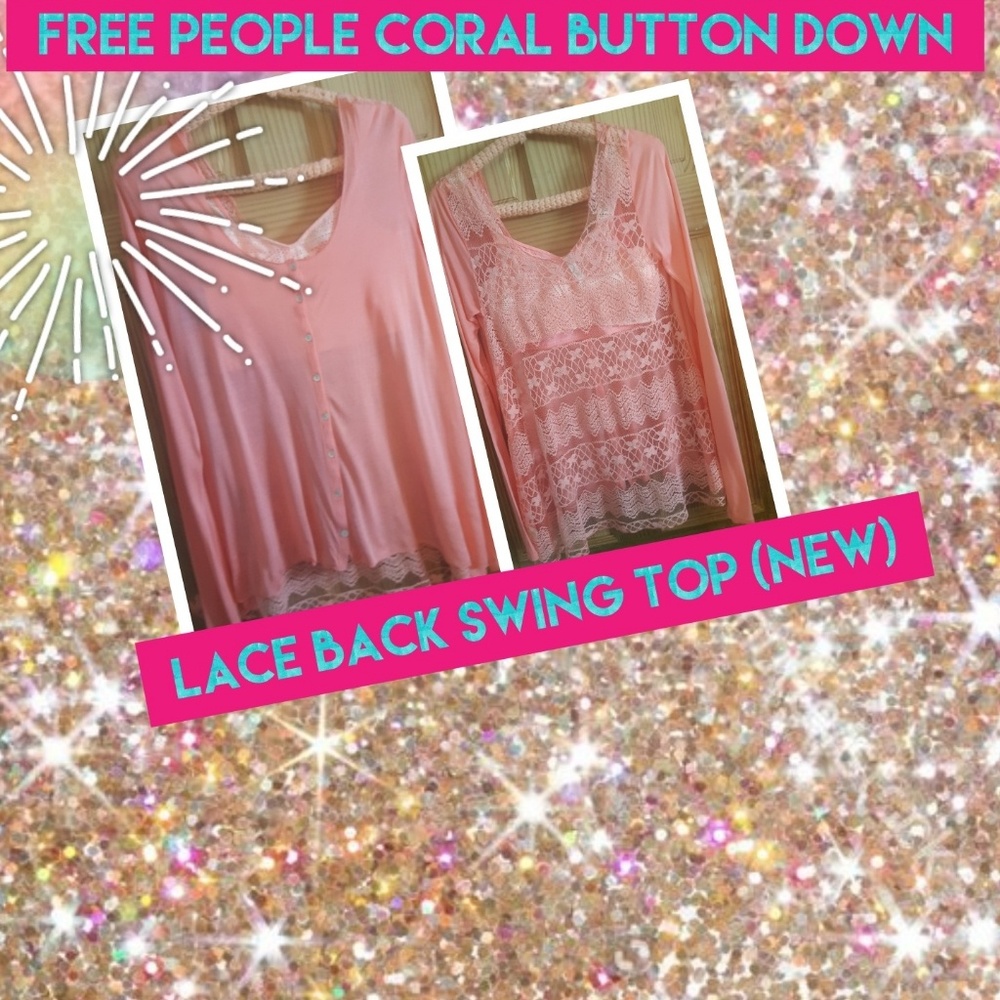 Free People Stunning,Coral Button Down Lace back S. NEW
